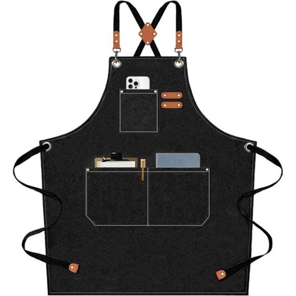 Chef Aprons for Men with Large Pockets, Cotton Canvas Cross Back Heavy Duty